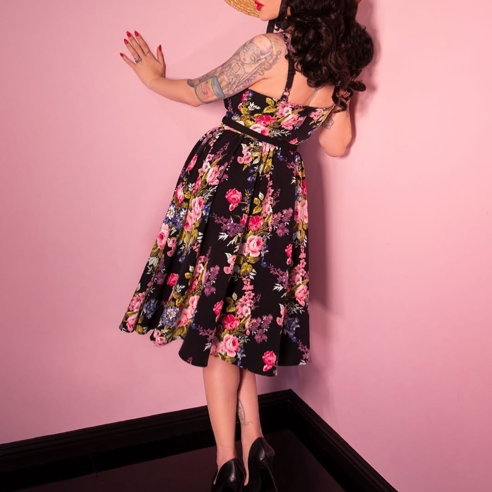 Vixen by Micheline Pitt Black Floral Midi Dress with Pink & Green Bouquet - Picture 2 of 3